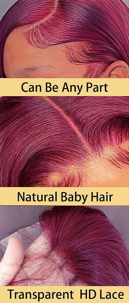 FOXY Pre-Plucked Human Hair Burgundy Straight Glueless Ready To Wear And Go Hd Lace Frontal Wig