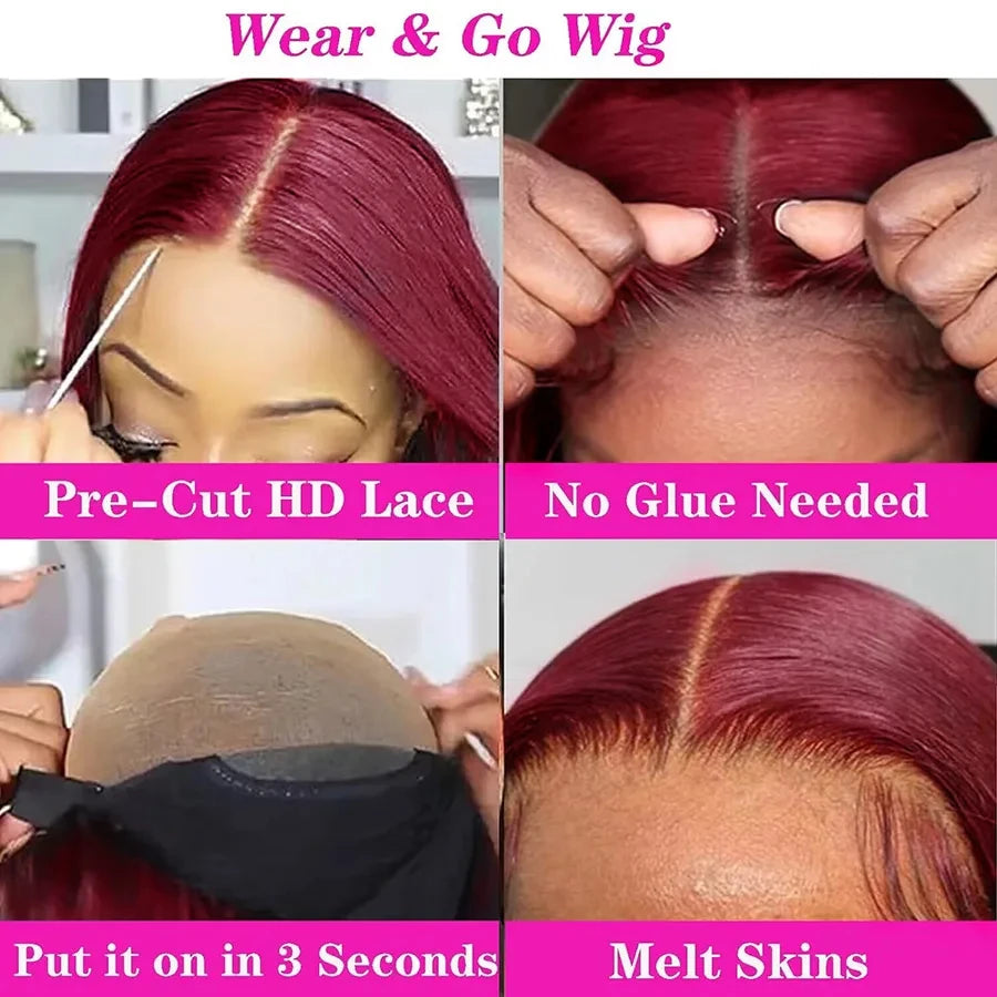 CASSIE Pre-Plucked Human Hair Burgundy Straight Glueless Ready To Wear And Go Hd Lace Frontal Wig