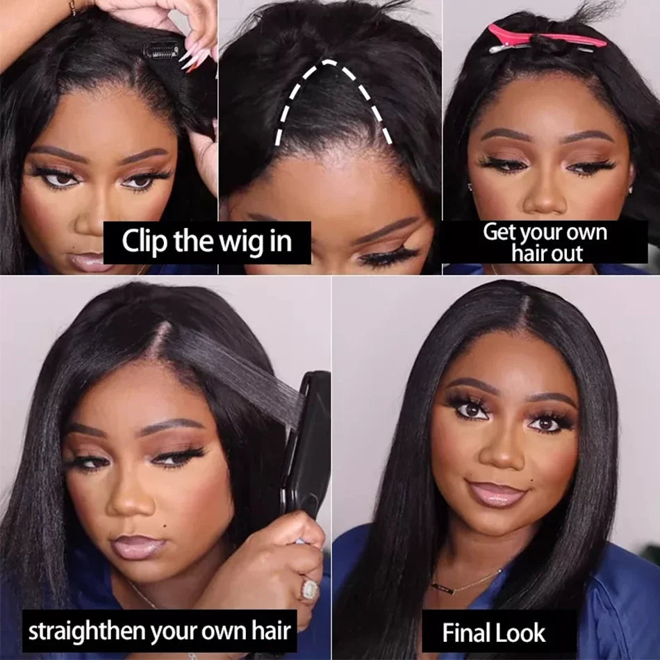 SIYAX Glueless Short V Part Straight Brazilian Human Hair Bob Wig