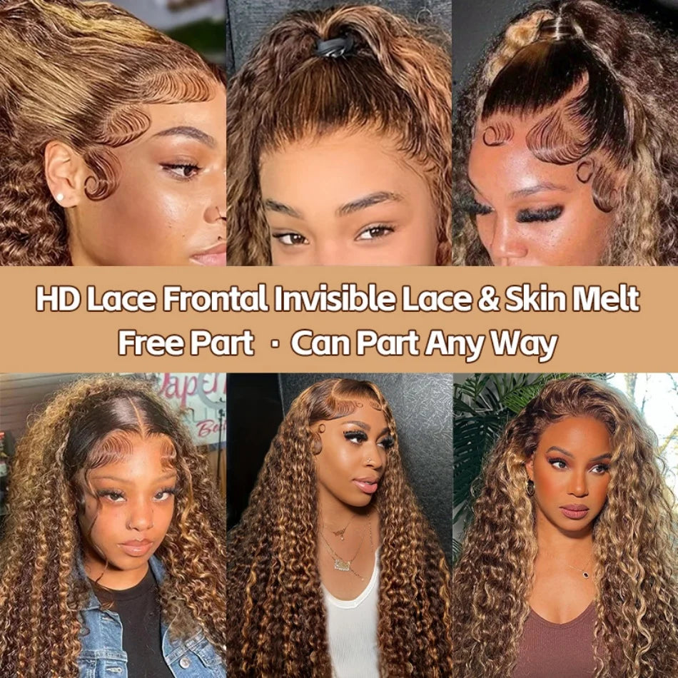 JESSICA Highlight Human Hair Curly Deep Wave HD Lace Frontal Wig