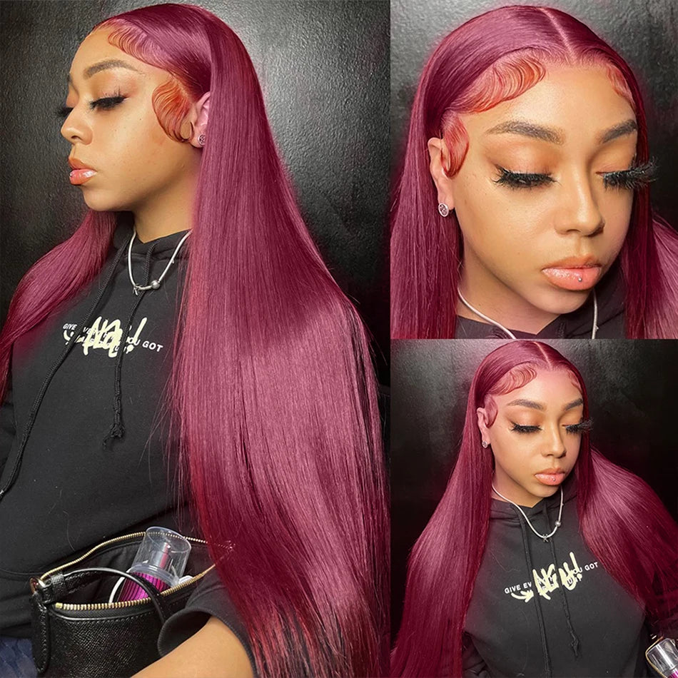 FOXY 99J Burgundy Pre-Plucked Peruvian HD Lace Front Straight Human Hair Wig