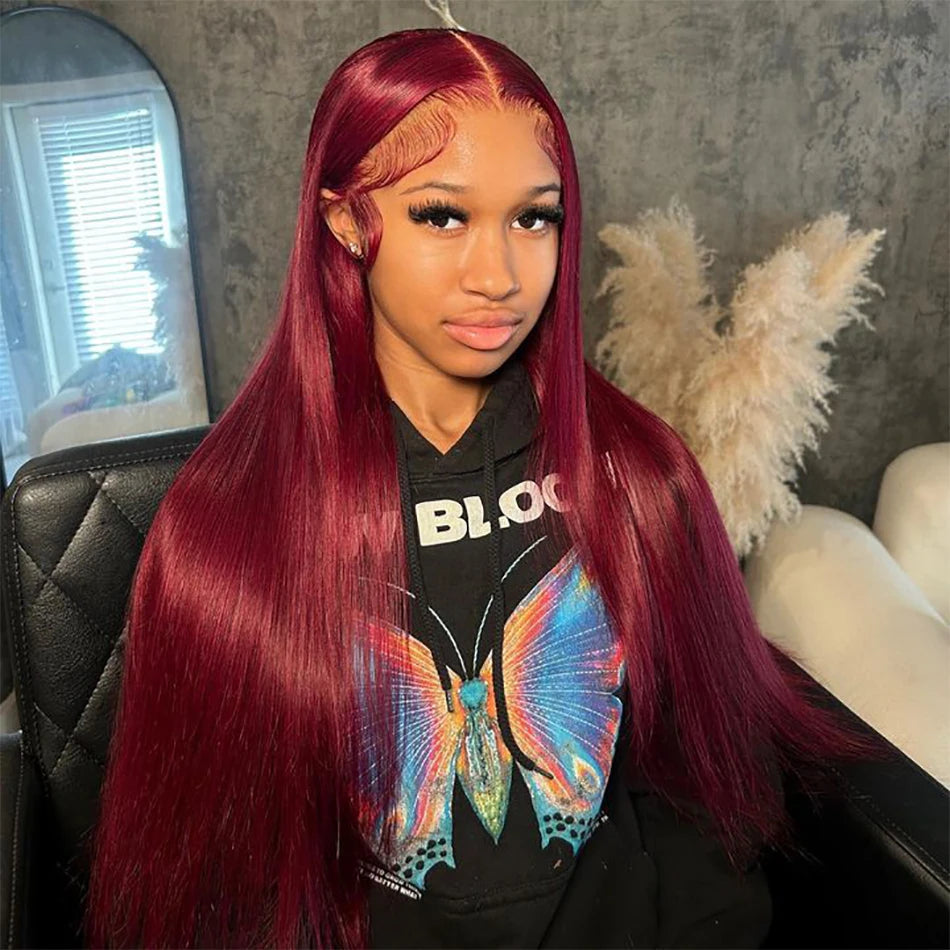 FOXY 99J Burgundy Pre-Plucked Peruvian HD Lace Front Straight Human Hair Wig