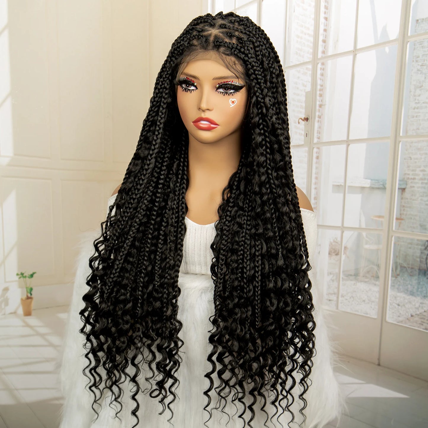 SIYAX Synthetic Full Lace Triangle Parting Knotless Boho Curl Box Braided Wig