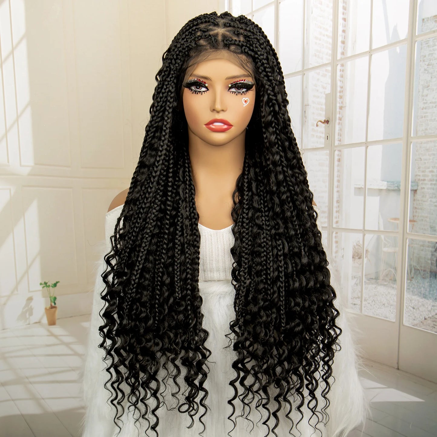 SIYAX Synthetic Full Lace Triangle Parting Knotless Boho Curl Box Braided Wig
