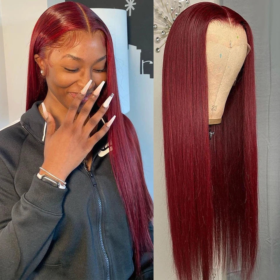 FOXY 99J Burgundy Pre-Plucked Peruvian HD Lace Front Straight Human Hair Wig
