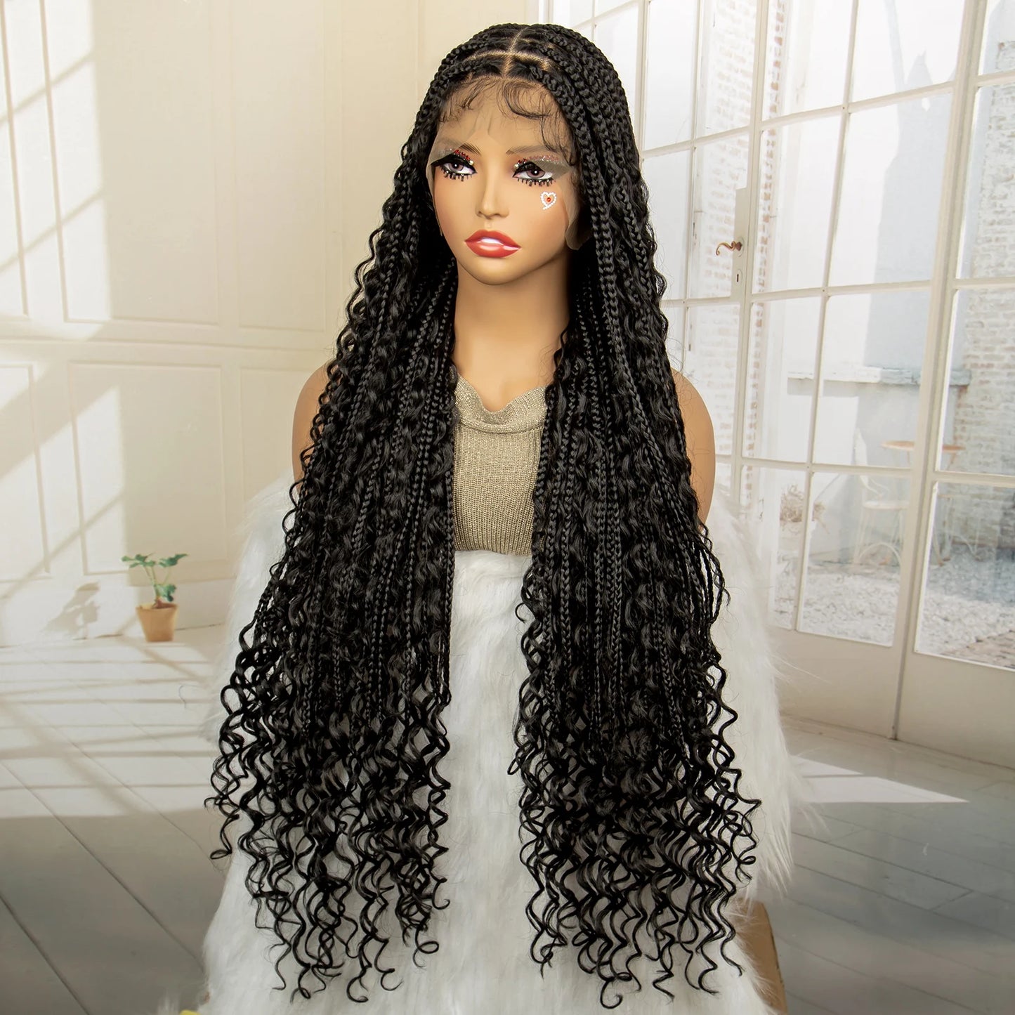 SIYAX 36 Inches Long Boho Curl Synthetic Full Lace Knotless Box Braided Wig