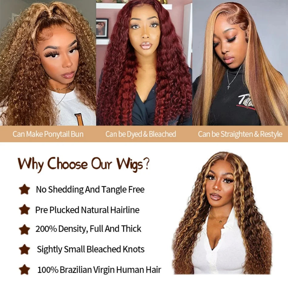 JESSICA Highlight Human Hair Curly Deep Wave HD Lace Frontal Wig