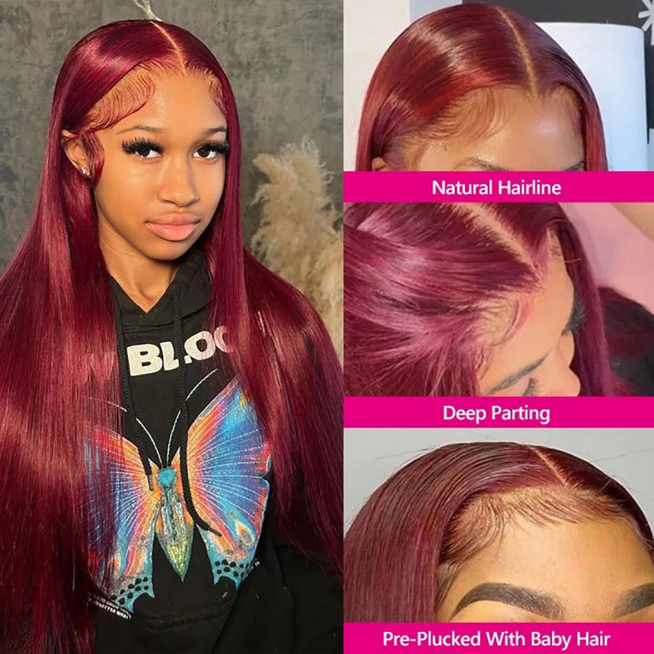FOXY 99J Burgundy Pre-Plucked Peruvian HD Lace Front Straight Human Hair Wig