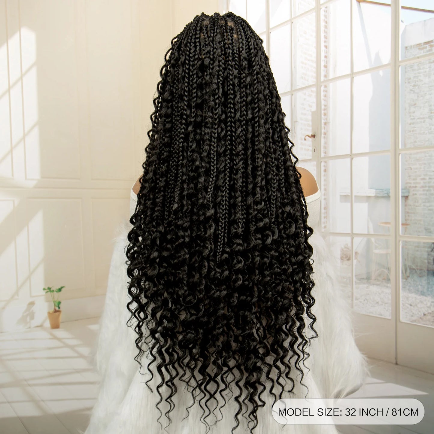 SIYAX Synthetic Full Lace Triangle Parting Knotless Boho Curl Box Braided Wig