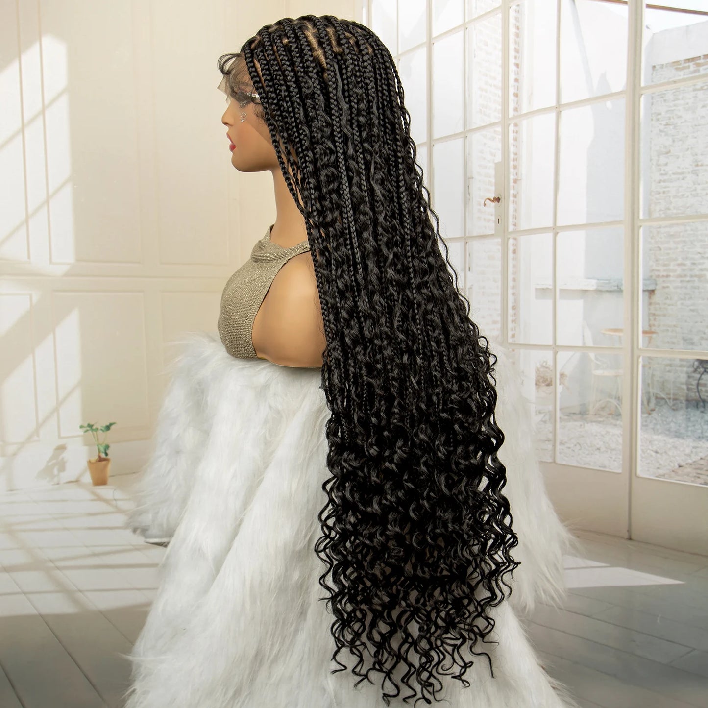 SIYAX 36 Inches Long Boho Curl Synthetic Full Lace Knotless Box Braided Wig