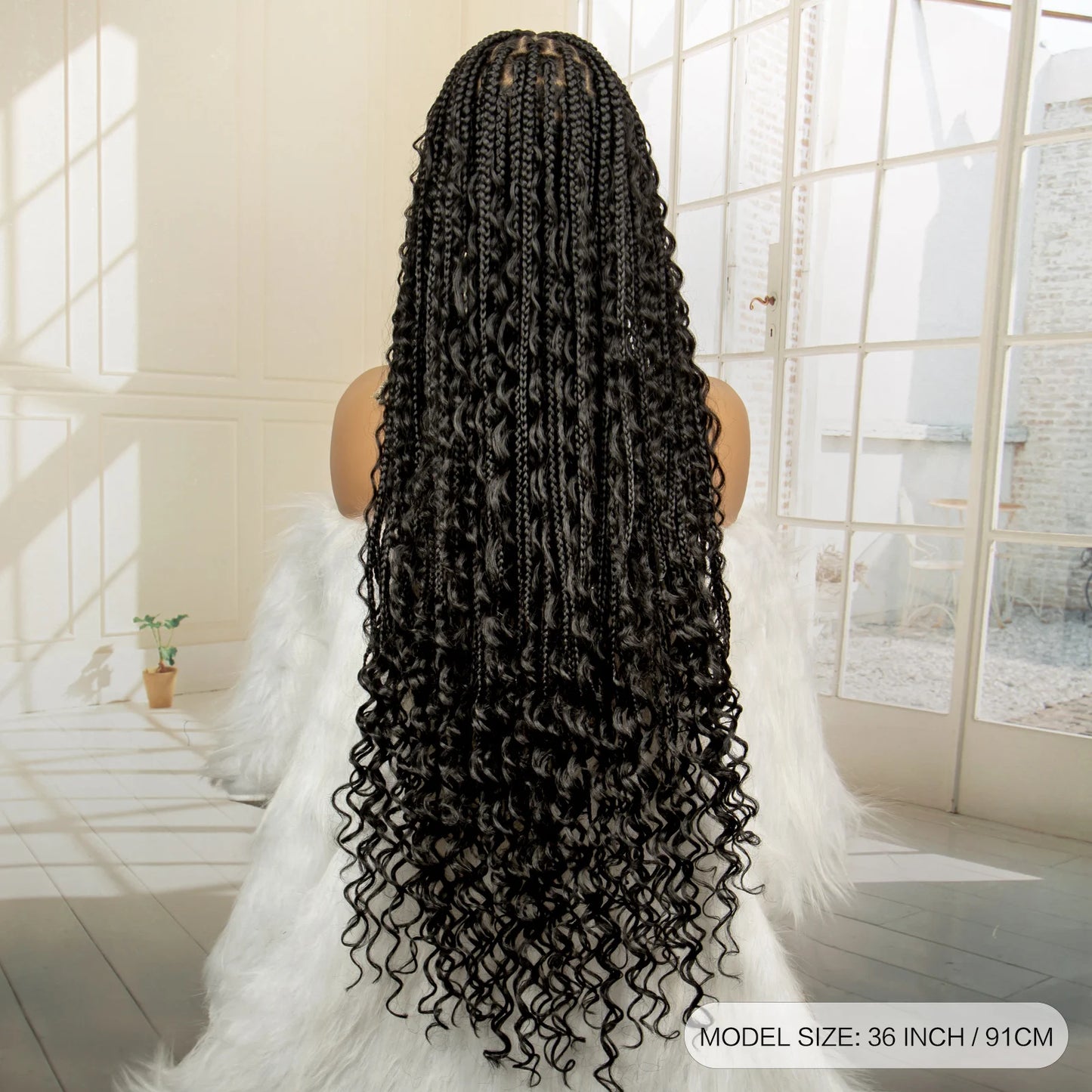 SIYAX 36 Inches Long Boho Curl Synthetic Full Lace Knotless Box Braided Wig