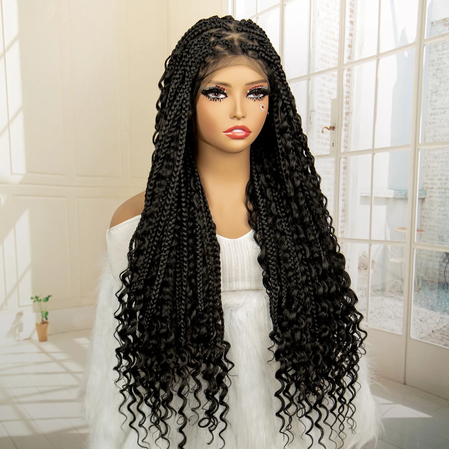 SIYAX Synthetic Full Lace Triangle Parting Knotless Boho Curl Box Braided Wig