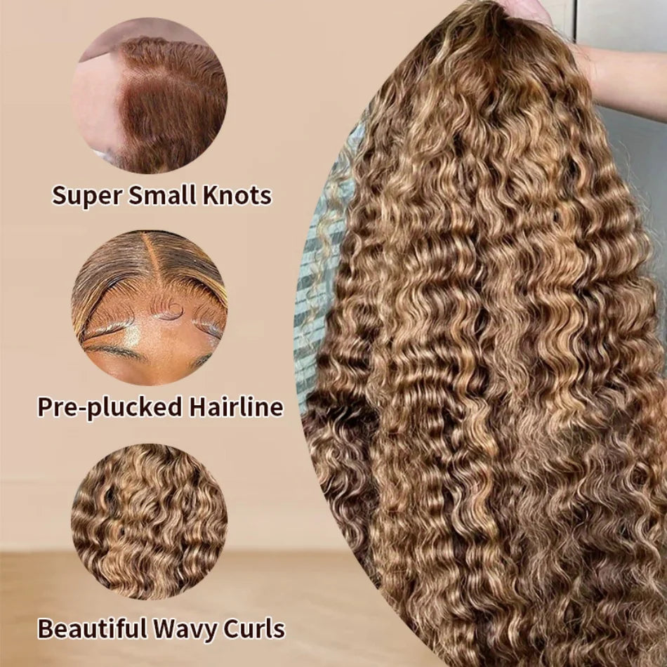JESSICA Highlight Human Hair Curly Deep Wave HD Lace Frontal Wig