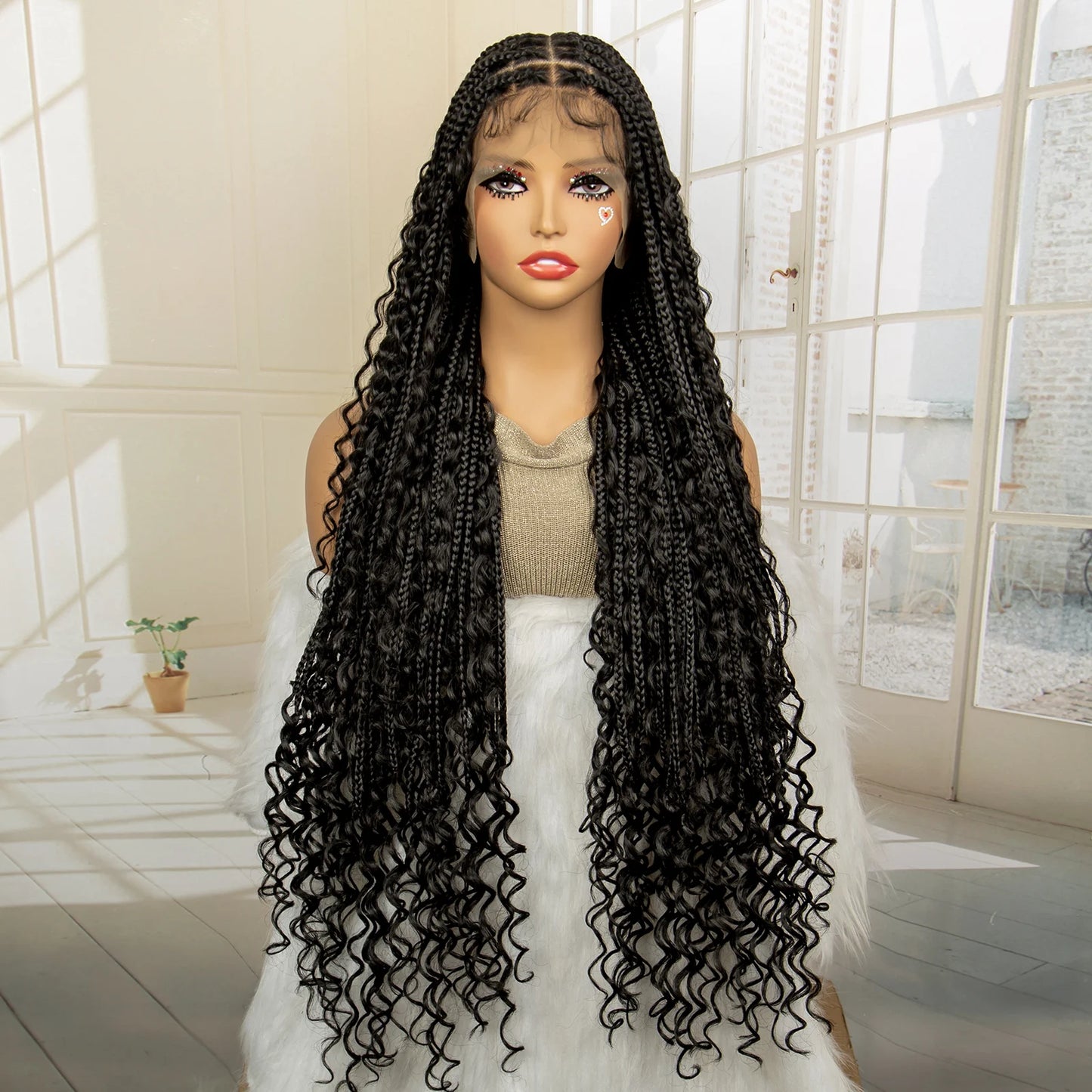 SIYAX 36 Inches Long Boho Curl Synthetic Full Lace Knotless Box Braided Wig