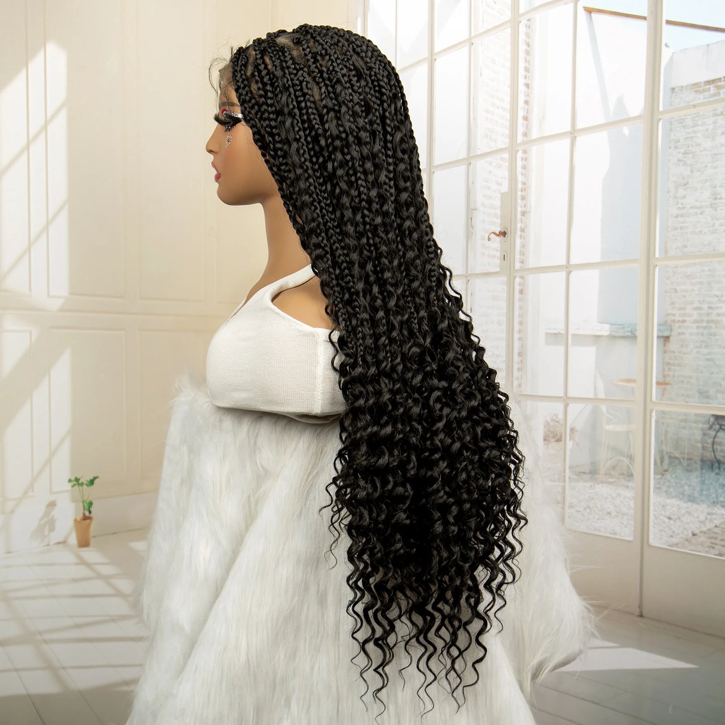 SIYAX Synthetic Full Lace Triangle Parting Knotless Boho Curl Box Braided Wig