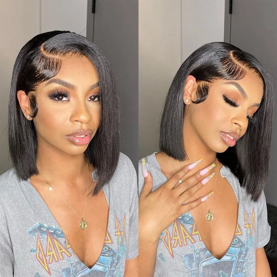 SIYAX Glueless Short Bone Straight HD Transparent Lace Front Human Hair Bob Wig