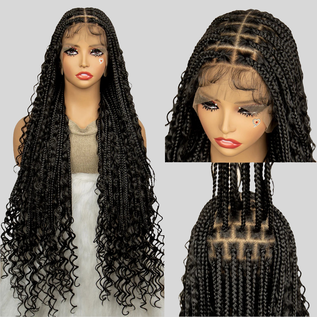 SIYAX 36 Inches Long Boho Curl Synthetic Full Lace Knotless Box Braided Wig