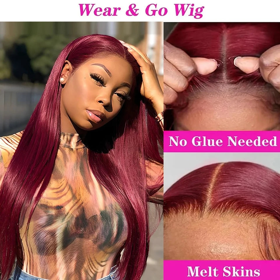 Pre-Plucked Human Hair Burgundy Straight Glueless Ready To Wear And Go Hd Lace Frontal Wig