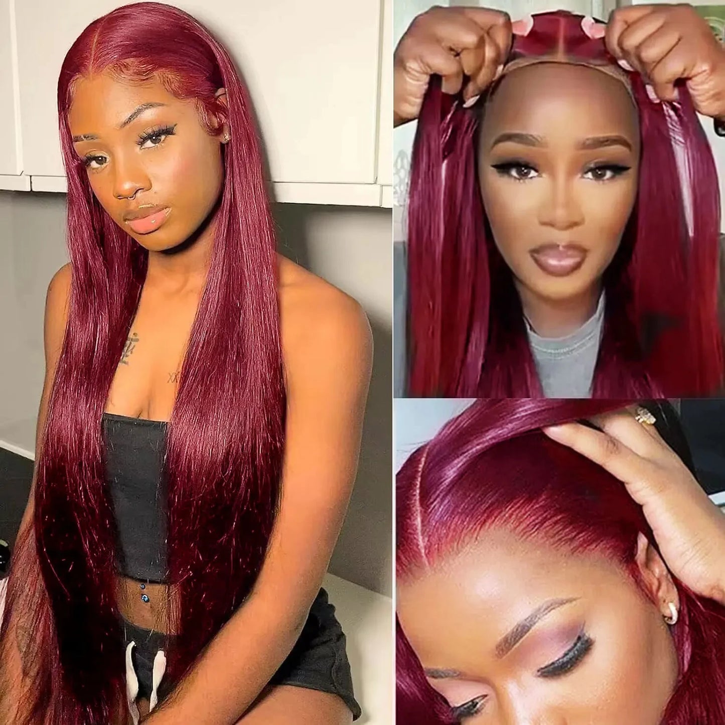 Pre-Plucked Human Hair Burgundy Straight Glueless Ready To Wear And Go Hd Lace Frontal Wig