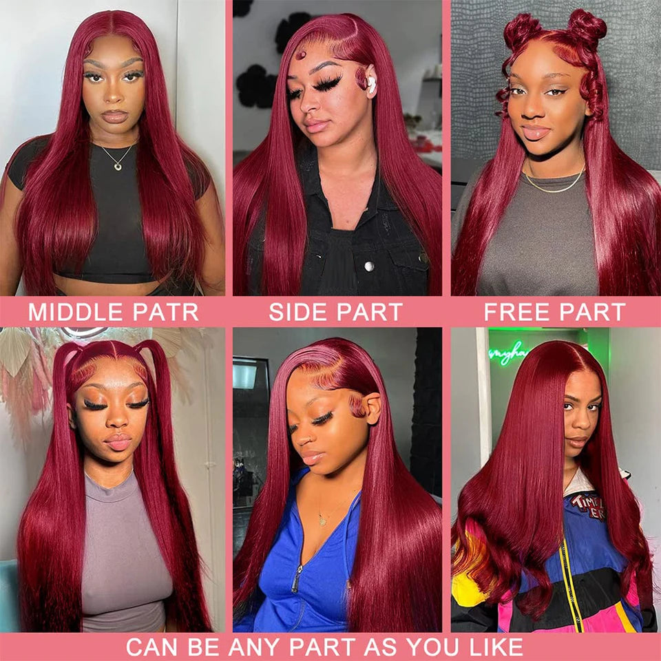 Pre-Plucked Human Hair Burgundy Straight Glueless Ready To Wear And Go Hd Lace Frontal Wig