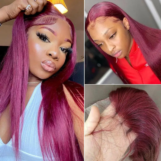 Pre-Plucked Human Hair Burgundy Straight Glueless Ready To Wear And Go Hd Lace Frontal Wig