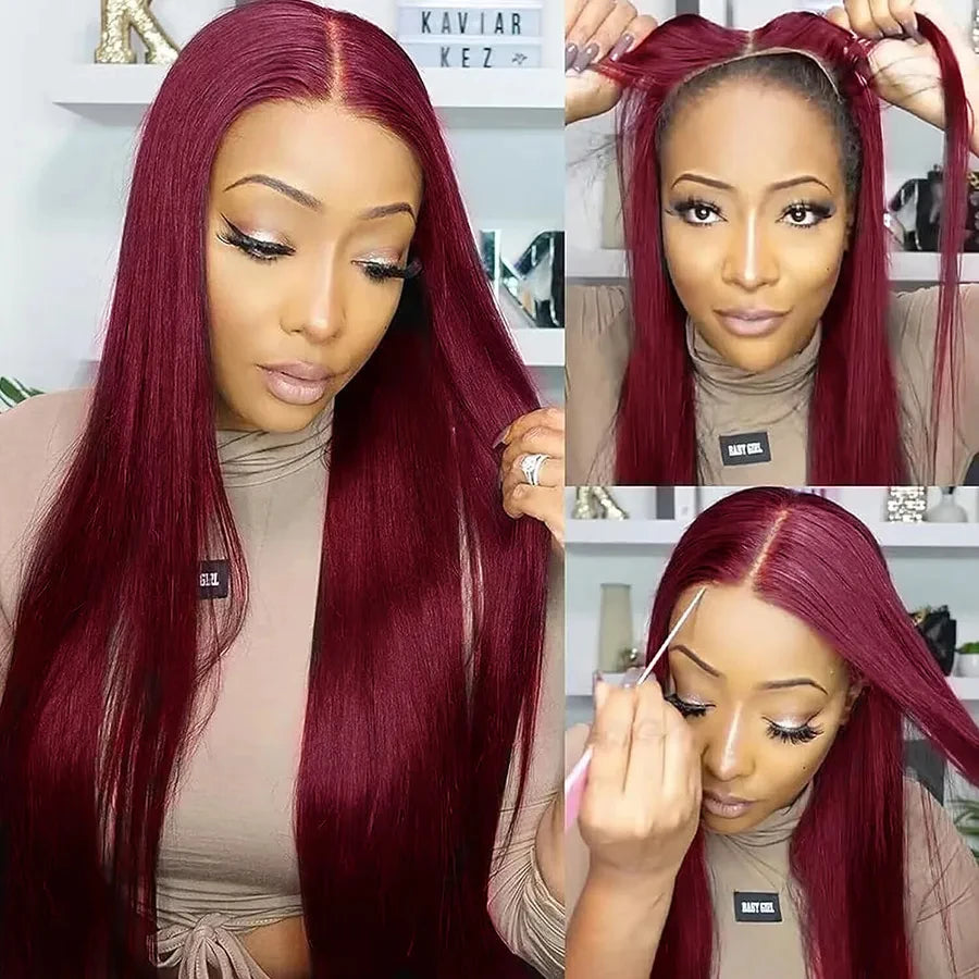 Pre-Plucked Human Hair Burgundy Straight Glueless Ready To Wear And Go Hd Lace Frontal Wig