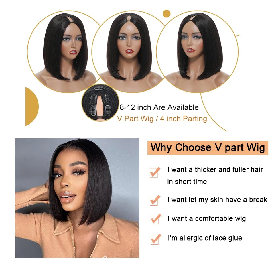 Glueless Short V Part Straight Brazilian Human Hair Bob Wig