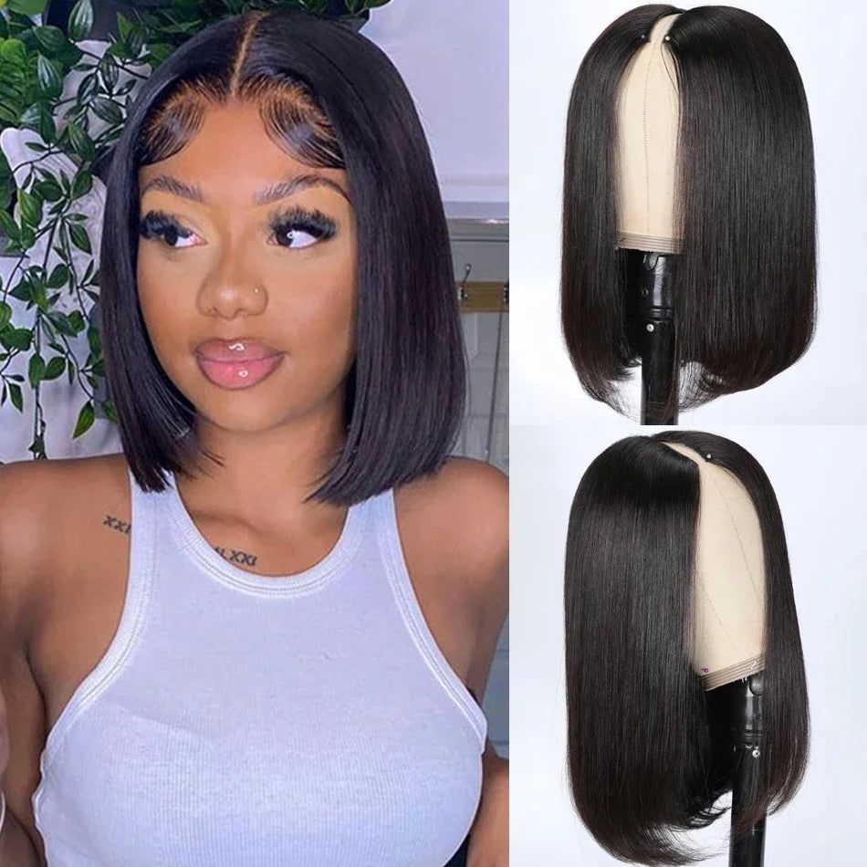 Glueless Short V Part Straight Brazilian Human Hair Bob Wig