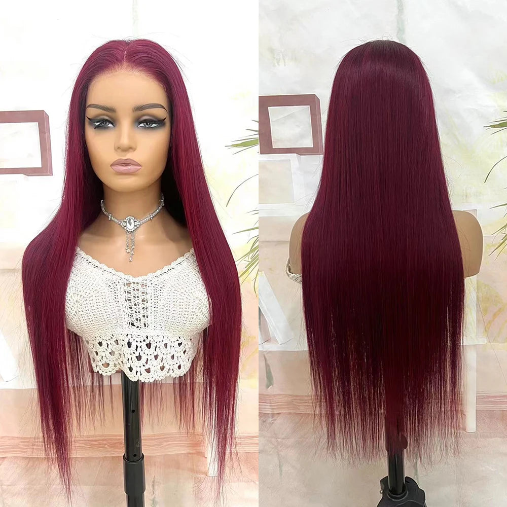 Pre-Plucked Human Hair Burgundy Straight Glueless Ready To Wear And Go Hd Lace Frontal Wig