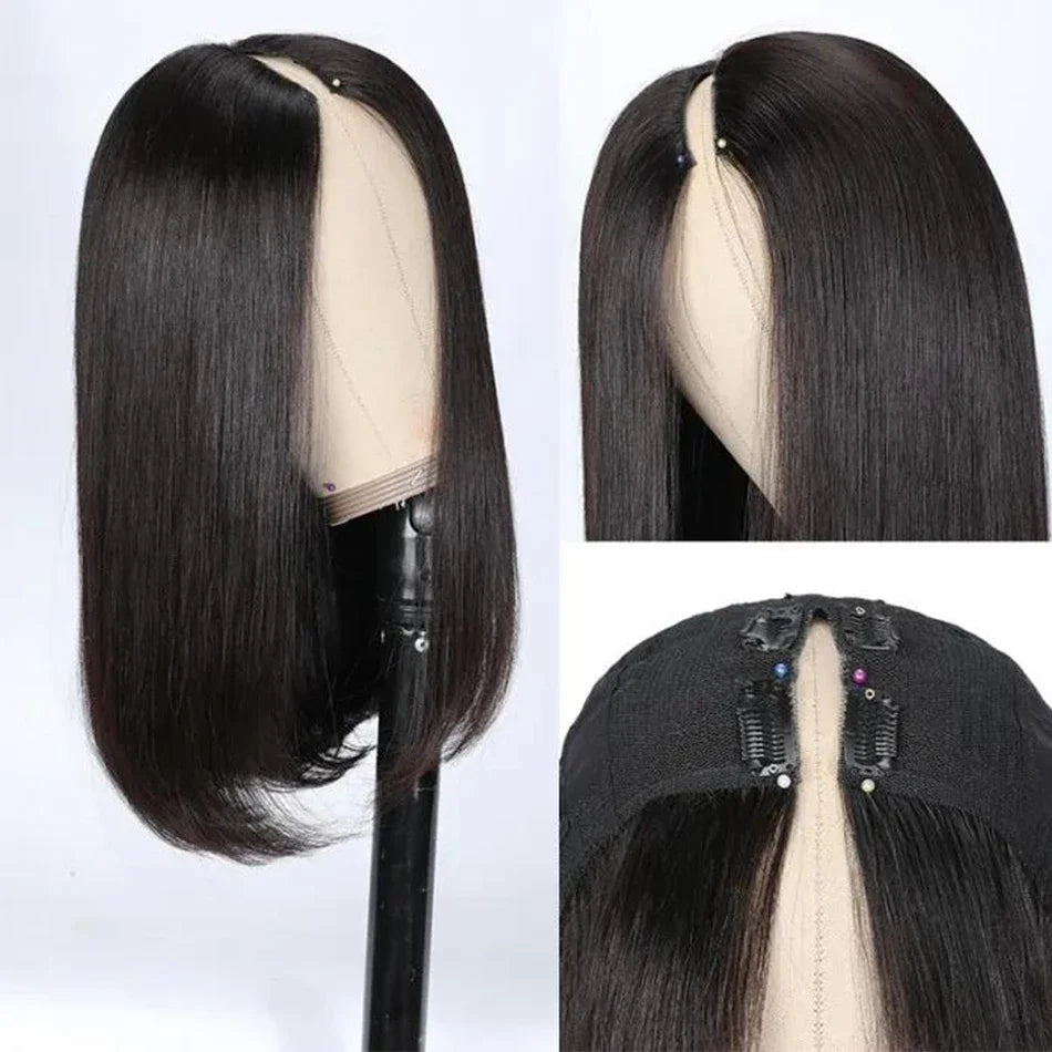 Glueless Short V Part Straight Brazilian Human Hair Bob Wig