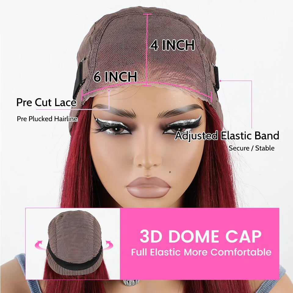 Pre-Plucked Human Hair Burgundy Straight Glueless Ready To Wear And Go Hd Lace Frontal Wig