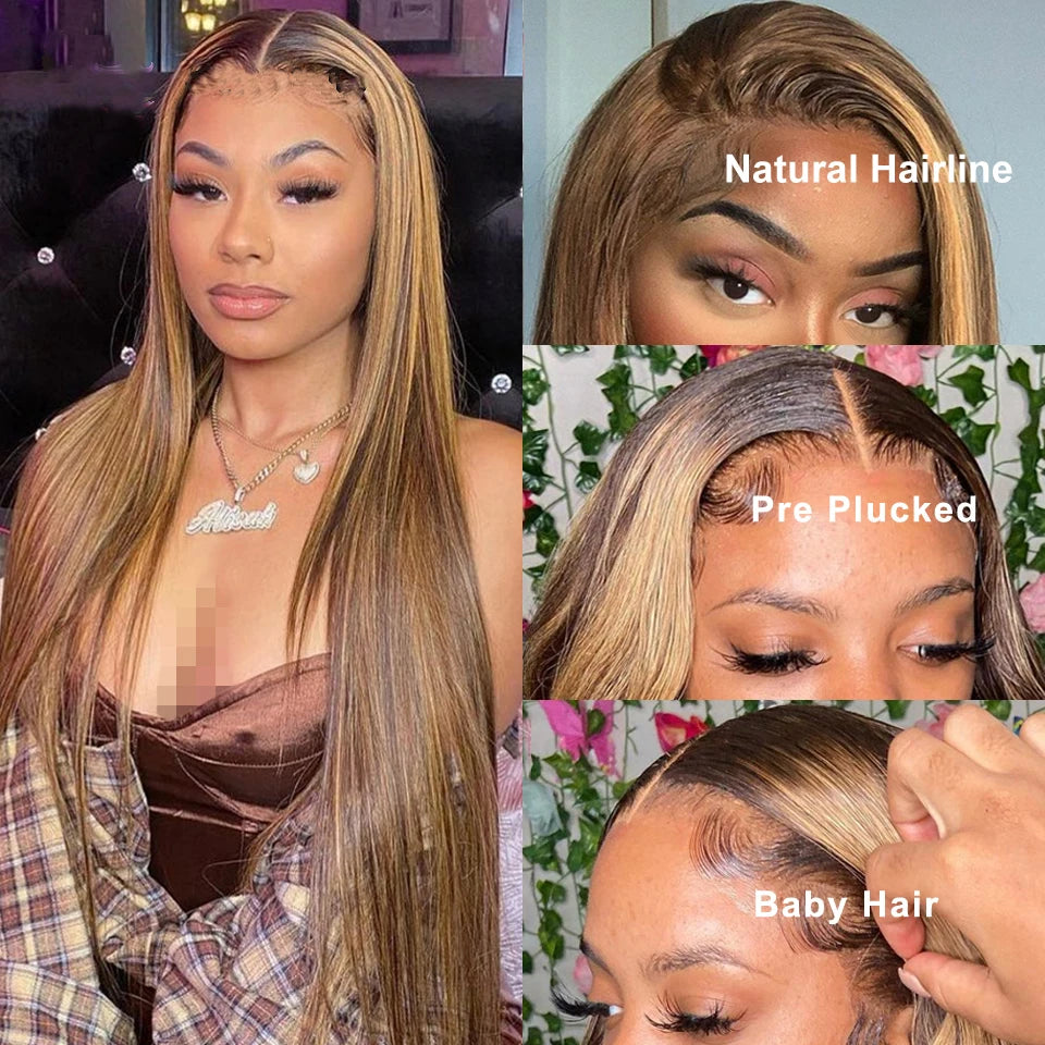 Hd Lace Front Straight Remy Human Hair Ombre P4/27 Piano Highlight Color Glueless Pre-Plucked Wig