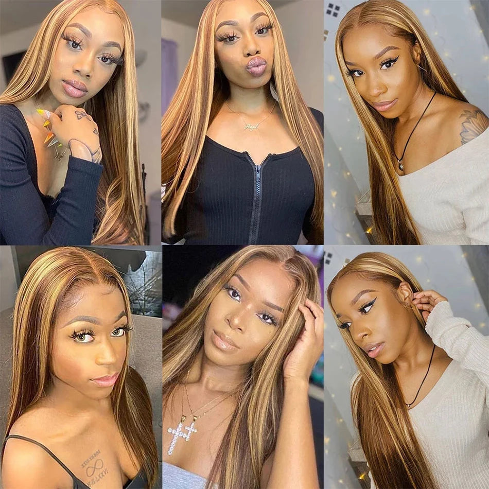 Hd Lace Front Straight Remy Human Hair Ombre P4/27 Piano Highlight Color Glueless Pre-Plucked Wig