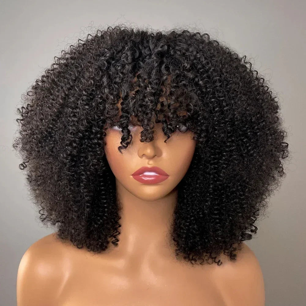 Afro Kinky Curly Wig with Bangs (Brazilian Remy Human Hair Full Machine Made)