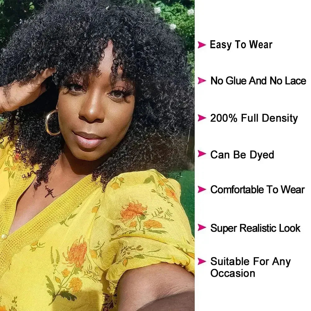 Afro Kinky Curly Wig with Bangs (Brazilian Remy Human Hair Full Machine Made)