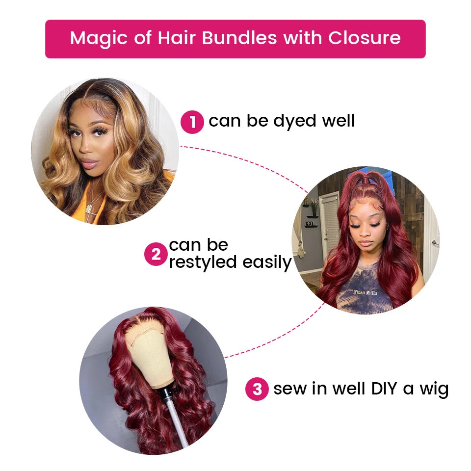 Body Wave Human Hair Bundles With Lace Closure (Brazilian Wavy Remy Hair)