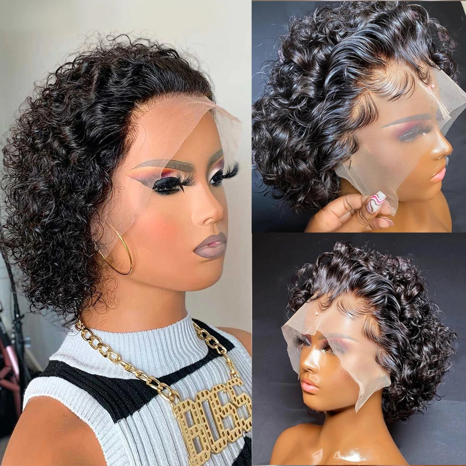 SIYAX Pixie Cut Curly 13x1 Transparent Lace Front Human Hair Wig