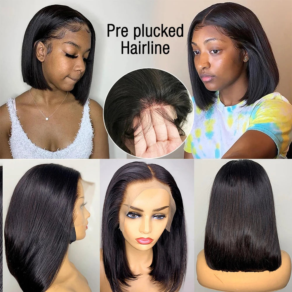 Glueless Short Bone Straight HD Transparent Lace Front Human Hair Bob Wig