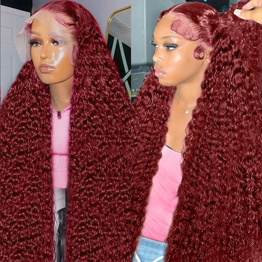 Curly Deep Wave 99j Burgundy Lace Front Brazilian Human Hair Wig