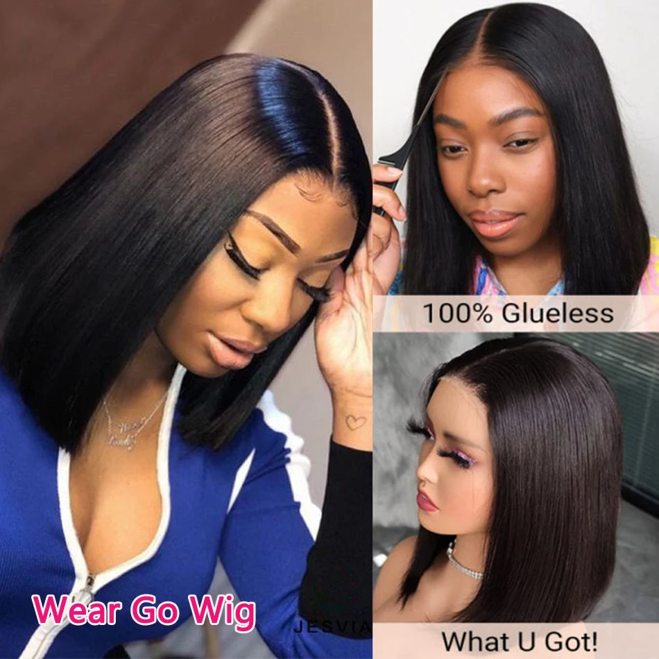 Glueless Short Bone Straight HD Transparent Lace Front Human Hair Bob Wig