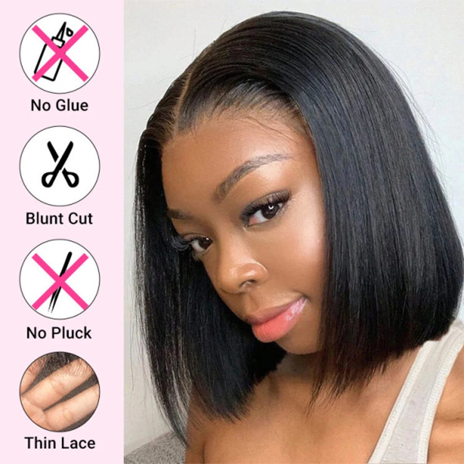 Glueless Short Bone Straight HD Transparent Lace Front Human Hair Bob Wig