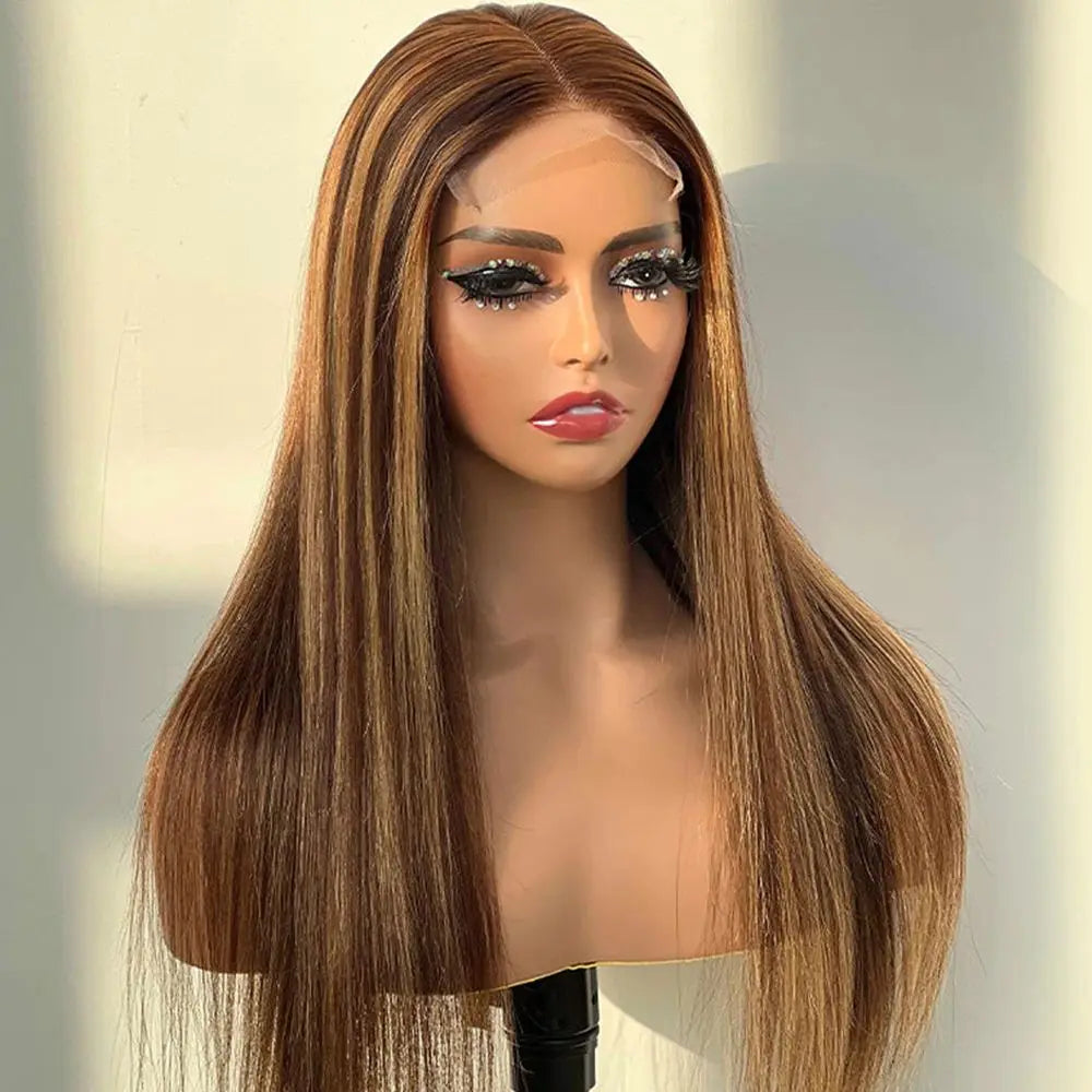 Hd Lace Front Straight Remy Human Hair Ombre P4/27 Piano Highlight Color Glueless Pre-Plucked Wig