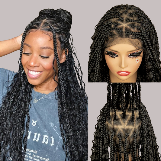 SIYAX Synthetic Full Lace Triangle Parting Knotless Boho Curl Box Braided Wig